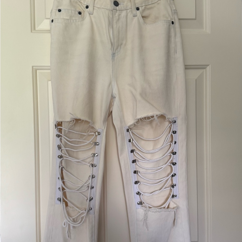 Carmar Cream Straight Leg Jeans with Distressed Lace-Up Design